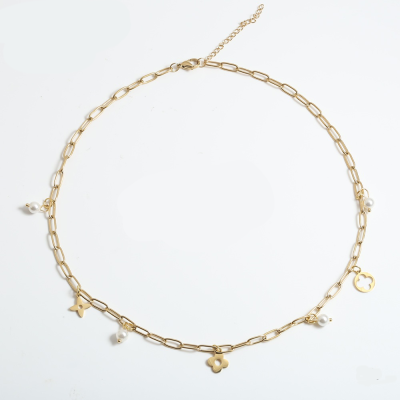 Collier Trèfle à Quatre Feuilles avec Perles Blanches